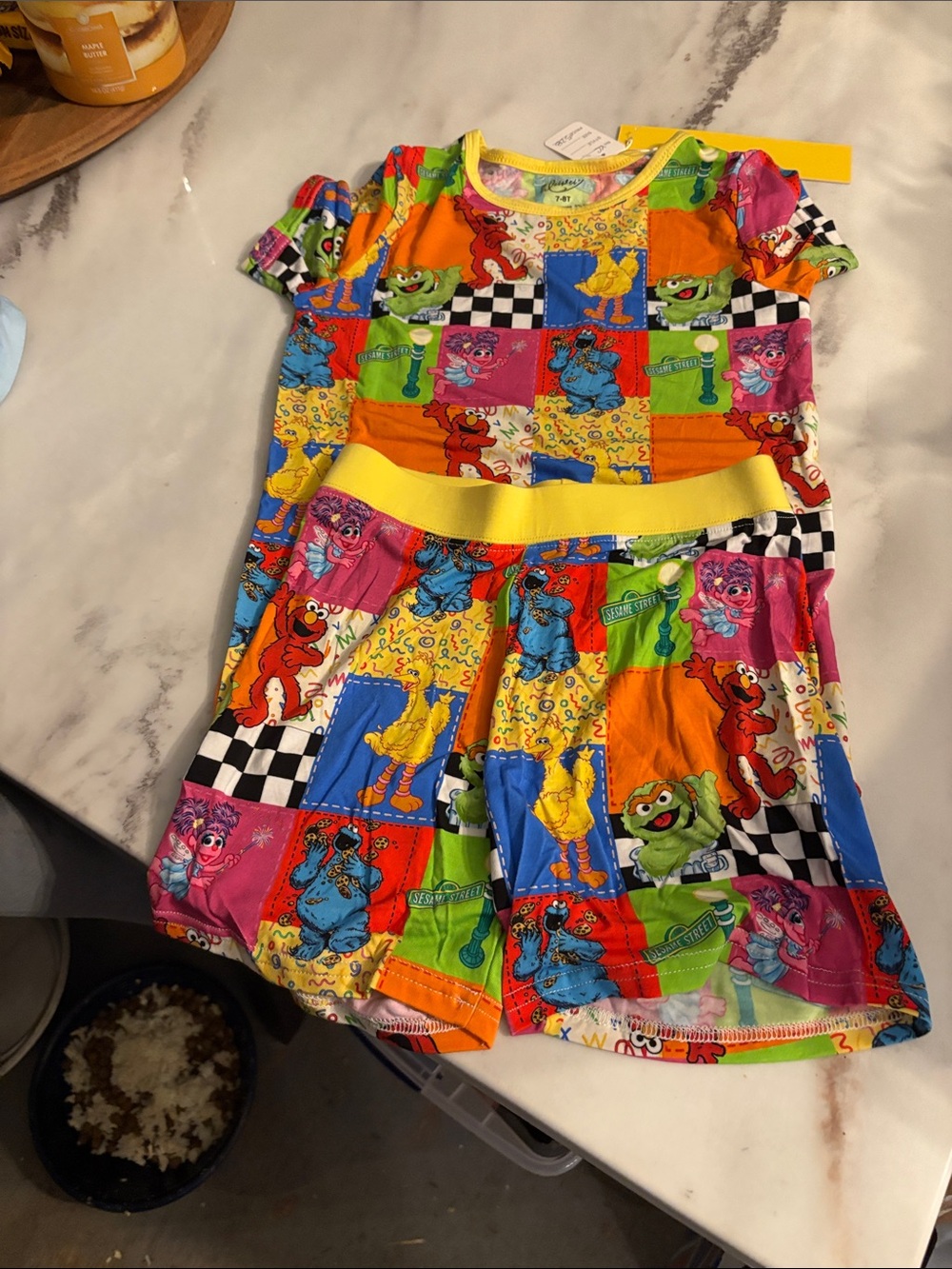 Sesame Street Multicolor Patchwork Tee & Shorts Set with Yellow Waistband
